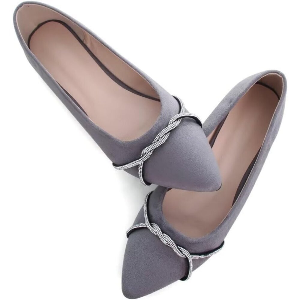 Women's Grey Casual Flats Fashion Chain Pointed Toe Ballet Flat Rhinestone - Picture 3 of 7